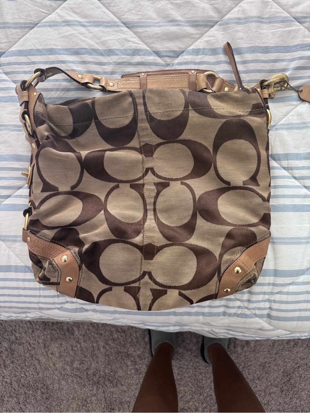 Coach Brown Signature Canvas Shoulder Bag with Tan Leather Trim